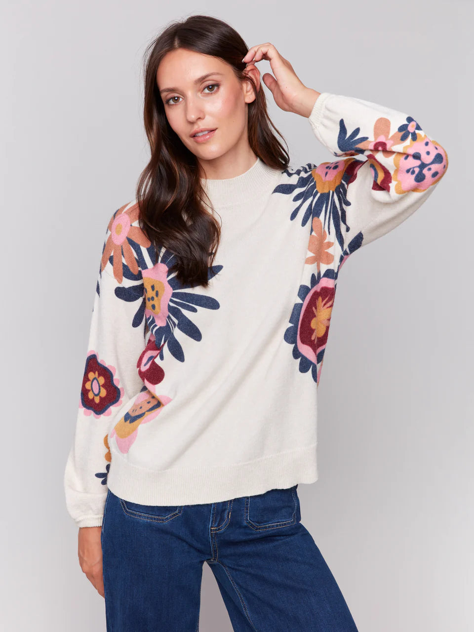 Charlie B Floral Print Mock Neck Sweater